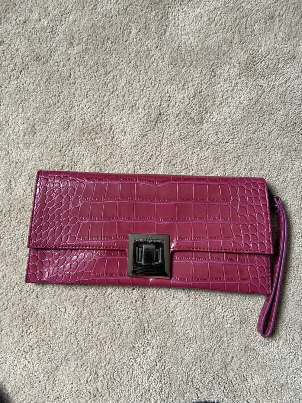 David Jones Fuchsia Croc-Embossed Leather Wristlet Clutch